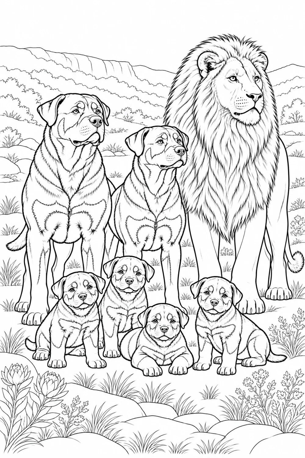 The lion and his family, an actual coloring scene
