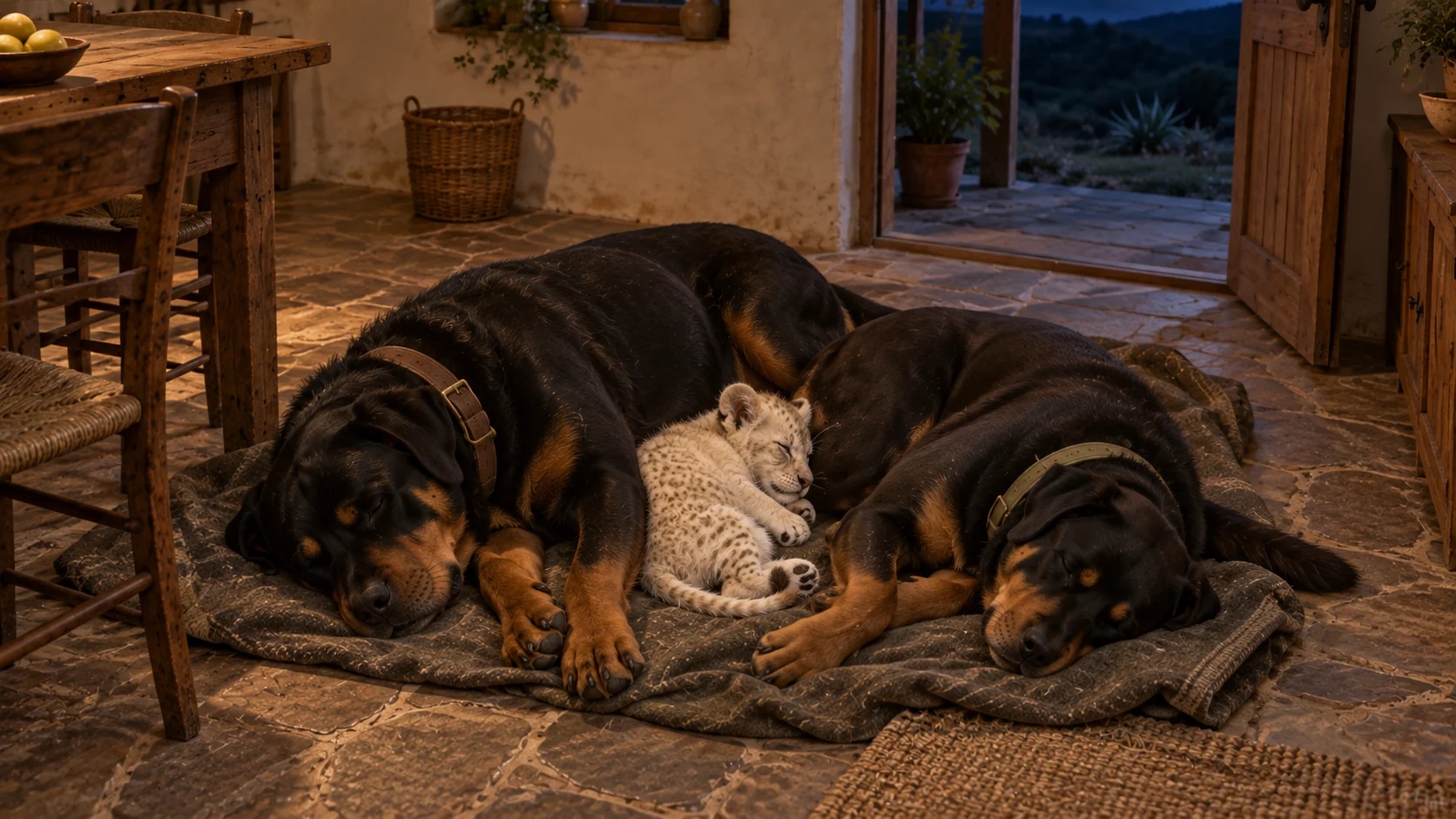 Little Atlas asleep between Thor and Luna
